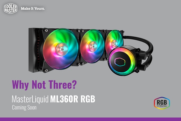 Три вентилятора. Тройное охлаждение. Приготовьтесь к нашему самому большому охладителю Cooler Master! Прохладный и яркий с тремя вентиляторами ARGB и нашим ARGB Dual Chamber насосом. Уже скоро - MasterLiquid ML360R RGB.